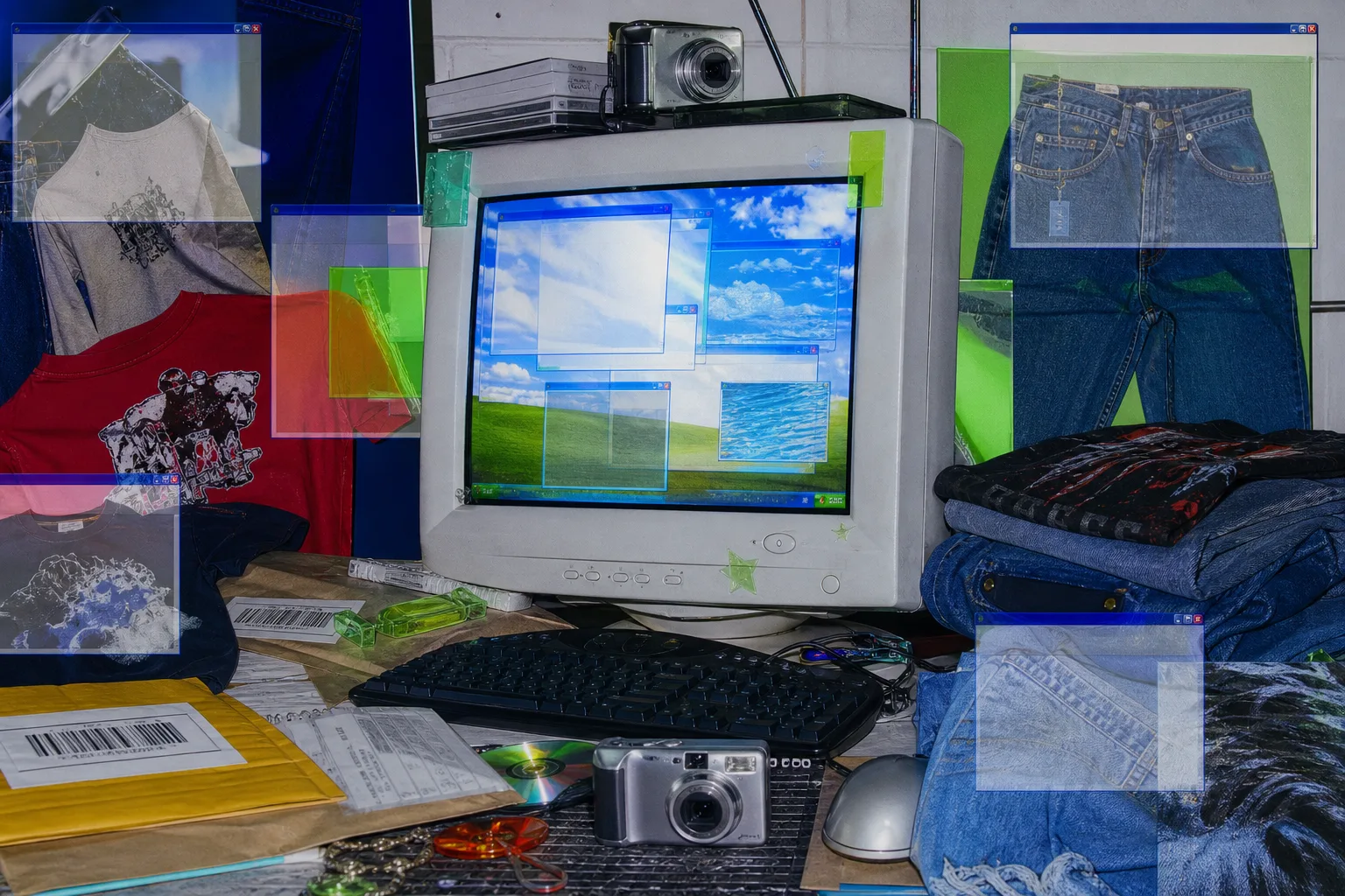 XP-era thrift desk collage with vintage clothes, CRT glow and resale objects